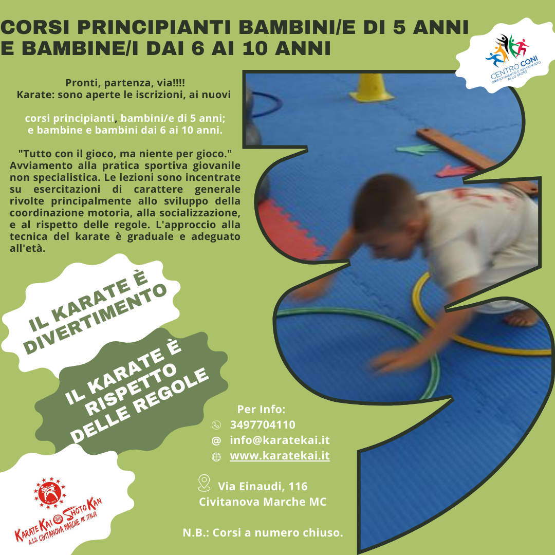 Karate: Sono aperte le iscrizioni, ai nuovi corsi principianti per bambini/e di 5 anni, bambine/i dai 6 ai 10 anni.